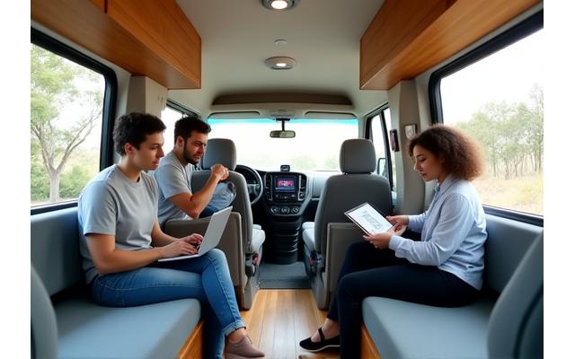 Équipe de Vagabond Bureau travaillant dans un van aménagé moderne