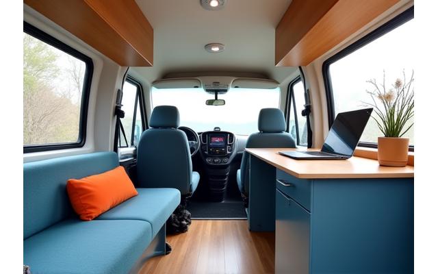 Aménagement intérieur d'un van en bureau solo minimaliste et fonctionnel
