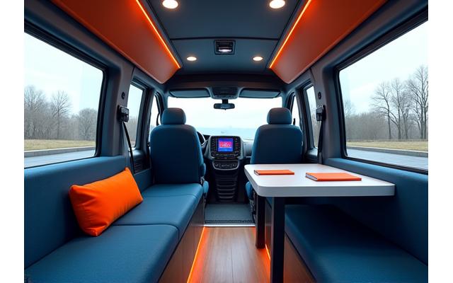 Intérieur de van spacieux converti en salle de réunion avec écran et sièges confortables