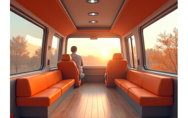 Vue d'un van avec fenêtres panoramiques et aménagement idéal pour les brainstormings