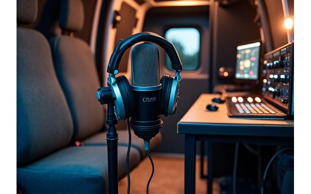 Van transformé en cabine d'enregistrement insonorisée pour podcasts ou VO