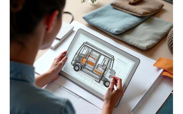 Designer d'intérieur travaillant sur un plan de van de bureau 3D