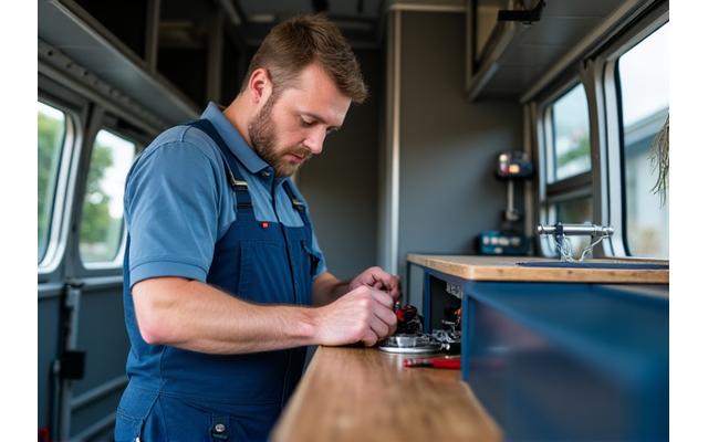 Technicien effectuant la maintenance sur un van de bureau