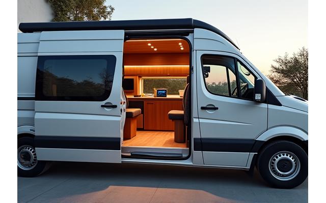 Un van converti élégant avec un intérieur de bureau moderne, baigné de lumière naturelle